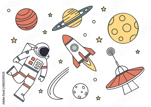 Vector illustration of a complete space exploration set on one sheet