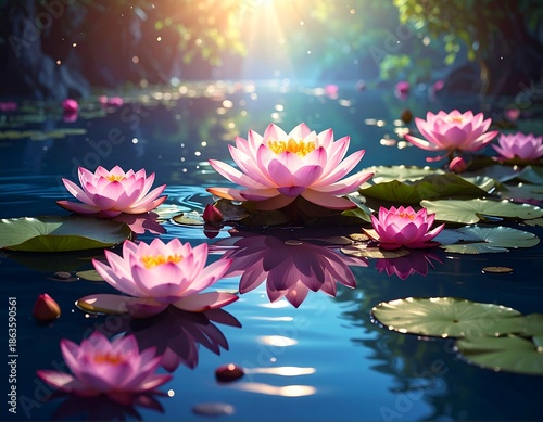 Wallpaper Mural Pink lotus flowers on tranquil water with sun rays Torontodigital.ca