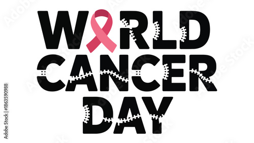 World Cancer Day: A poignant graphic for World Cancer Day, prominently displaying the words and symbolic pink ribbon. It is a symbol of hope and solidarity for those touched by the disease.