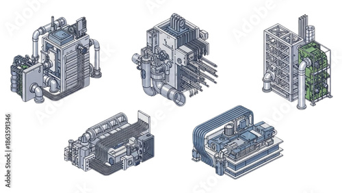 Various industrial engines and machinery components depicted in isometric illustration