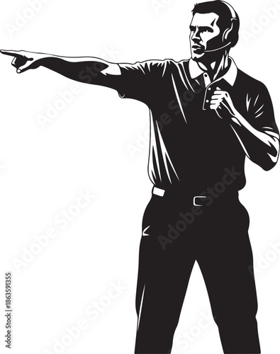 Black and white illustration of a sports coach or referee with a headset pointing toward the field action. , Generative Ai