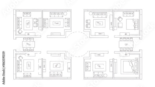 Architectural floor plan layout of residential apartments with furniture