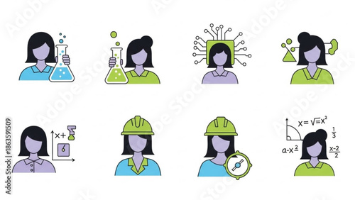 Eight diverse female professionals in stem fields with various occupations and tools, representing science, technology, engineering, and math careers with equations