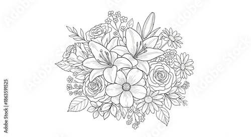 Delicate floral arrangement outline illustration with roses and lilies bouquet  perfect for