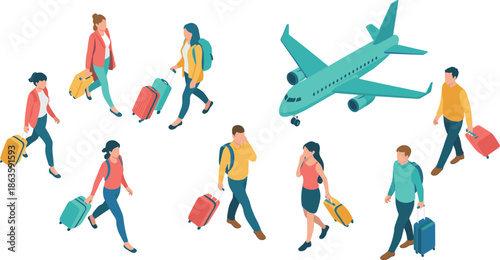 Isometric airport travel illustration, passengers walking with luggage, airplane departure concept, tourism business travel scene, modern transportation design