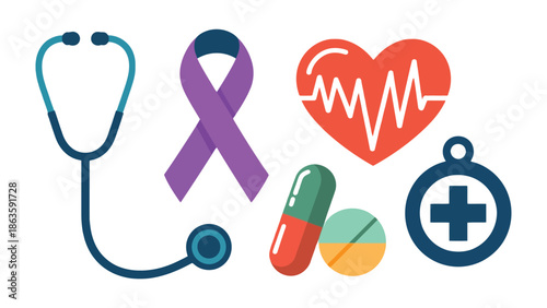 Healthcare Symbols: A collection of health and medical symbols, including a stethoscope, ribbon, heartbeat, capsules, pills and a medical cross, providing insight of healthcare concept