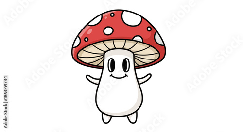 Cartoonish amanita mushroom character with friendly face and arms outstretched illustration