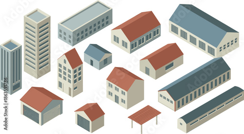 Isometric city building set illustration, residential commercial architecture collection, urban infrastructure elements, modern town construction design assets