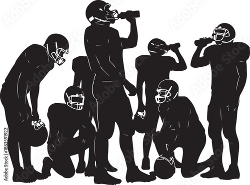 American Football Team Players Hydrating During Training Silhouette Illustration, Athletes in Helmets Drinking Water Break on White Background , Generative Ai