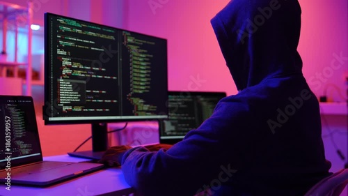 Hacker scammer coding trojan or computer virus to hacking security system break secret organization system. 