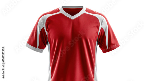 Red sports jersey mockup isolated representing football soccer team uniform apparel template design professional athletic breathable fabric modern training on white background