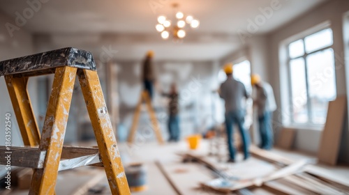 Interior renovation scene with a yellow stepladder prominently in the foreground. Blurred construction workers are visible in the background, working