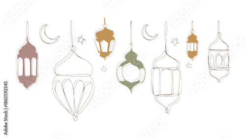 Embracing Ramadan: A selection of ornate lanterns, each meticulously designed to capture the spirit of Ramadan, hang against a minimalist background, evoking a sense of serenity.