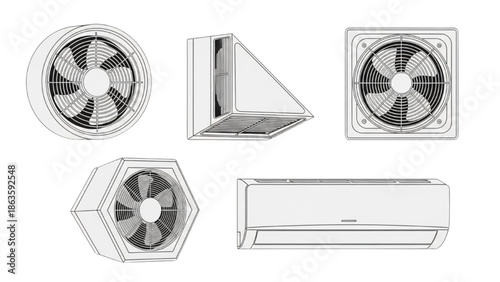 Various types of ventilation and air conditioning units with fans