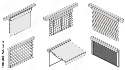 Different types of blinds and shades for window coverings in isometric view