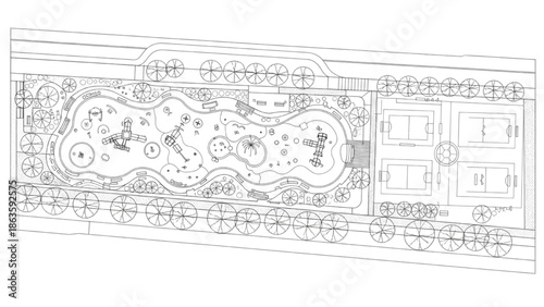 Detailed architectural plan of a public park with playground and sports facilities