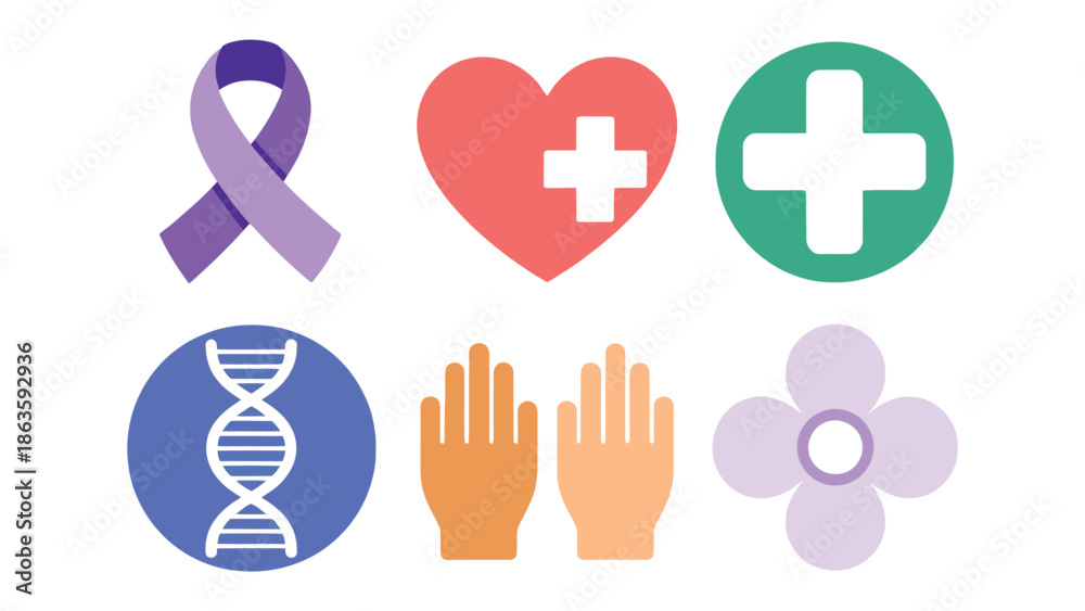 Obraz premium Health and Wellness Icons: Symbolic illustrations of health and well-being, featuring a ribbon, heart, cross, DNA, hands, and flower, conveying messages of support and awareness.