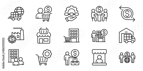 Modern line vector icons representing essential business operations, global commerce, supply chain management, financial transactions, and shopping processes