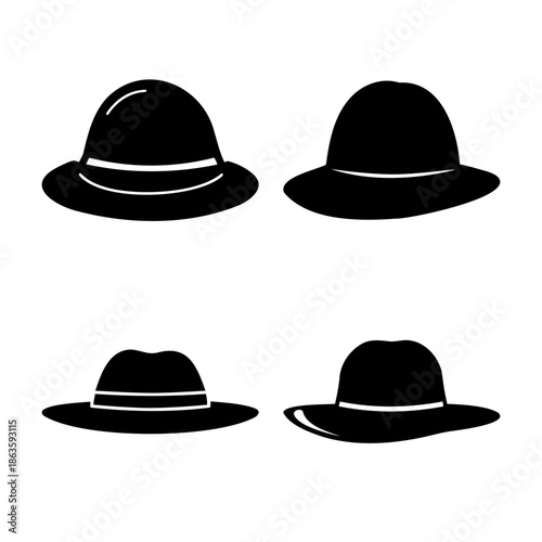 Collection of four distinct black hat silhouettes with white bands on a white background