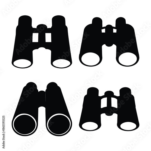 Collection of four distinct black silhouette binocular icons on a clean white background
