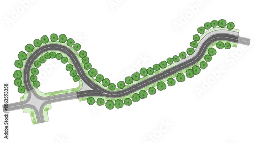 Detailed diagram showcasing an urban infrastructure plan with a gracefully curving road and surrounding tree lines, perfect for urban planning concepts