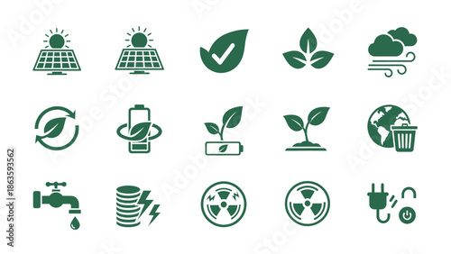 Comprehensive set of eco-friendly green icons for sustainability and energy solutions