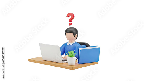 Confused person at desk with laptop and question mark