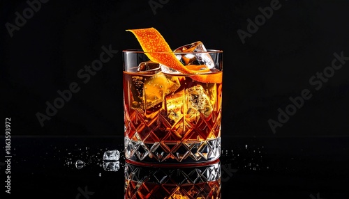 Crystal glass cocktail with ice, orange peel garnish, on a reflective black surface