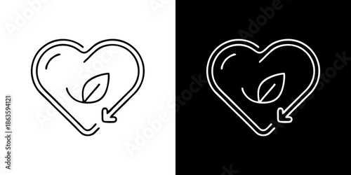 Eco-friendly heart with leaf and recycle arrow line art icon, perfect for illustrating sustainable living, nature conservation, and environmental responsibility, presented on contrasting backgrounds