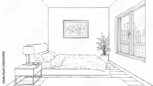 Hand drawn sketch of a bedroom interior design with a bed and window.
