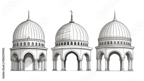Architectural Domes of Faith: An exquisite architectural drawing showcases three meticulously crafted domes, each adorned with intricate details and spiritual symbolism.