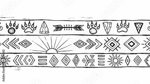 Tribal seamless pattern with sun and geometric shapes.