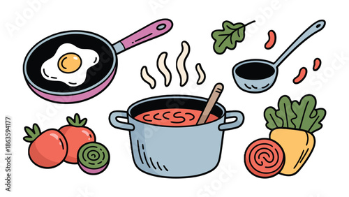 Culinary Creation: A vibrant illustration showcasing the essentials of a delightful homemade meal, with fresh ingredients and tools to start cooking.