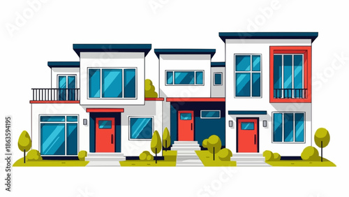 Modern Townhouses With Red Doors and Blue Windows.