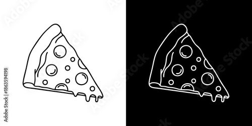 Outline vector illustration of a classic pizza slice with pepperoni and melting cheese. This food icon is presented in two inverted monochrome styles, suitable for various graphic design projects