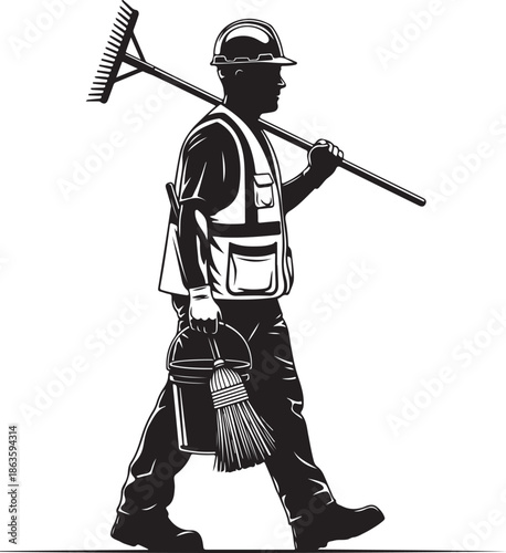 Vector Illustration of a Professional Janitor or Maintenance Worker Walking with a Rake, Broom, and Bucket , Generative Ai