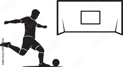 Silhouette of a Soccer Player Kicking a Ball into the Goal, Professional Football Match Graphic , Generative Ai