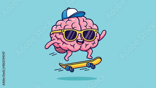 Cartoon Brain Character Skateboarding with Sunglasses and Cap.
