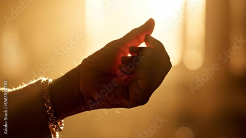 A human hand is outstretched towards the bright light, illuminated by sunlight