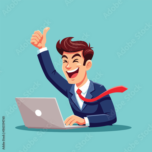 Cheerful cartoon businessman giving thumbs up gesture while working on a laptop expressing success.