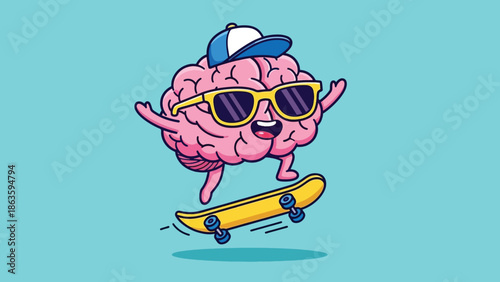 Cool Cartoon Brain Character Skateboarder with Sunglasses and Cap.