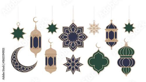 Lunar Lanterns and Celestial Shapes: Festive ornaments, including crescent moons, starbursts, and ornate lanterns, decorate a tranquil scene. Capturing the spirit of cultural celebration.