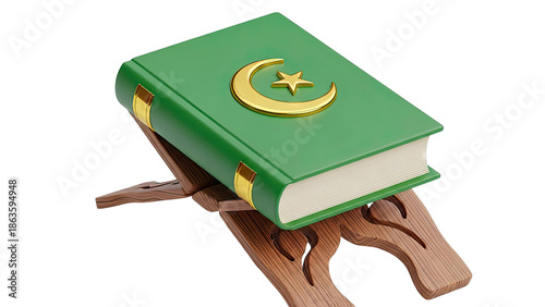 Green Book with Crescent Moon and Star on Wooden Stand