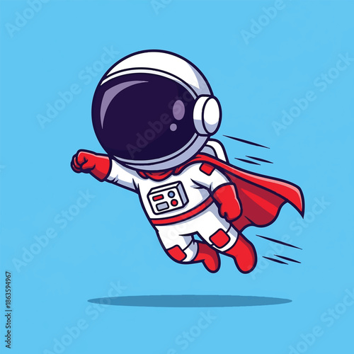 Cute cartoon astronaut superhero flying in white space suit