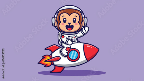 Cute Cartoon Monkey Astronaut Riding Rocket Waving Hand.