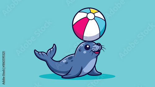 Cute cartoon seal balancing a colorful beach ball on its head.