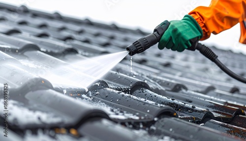 Close-up of pressure washing roof tiles with a stream of water