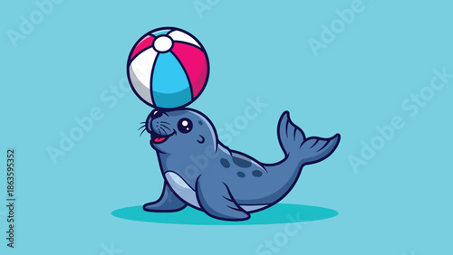 Cute Cartoon Seal Balancing Colorful Beach Ball on Head.