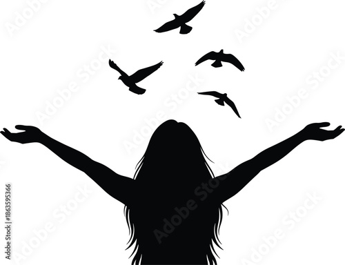 Diverse collection of black silhouettes including jumping people, children playing, cats, elephants, and conceptual icons for business, health, and democracy.