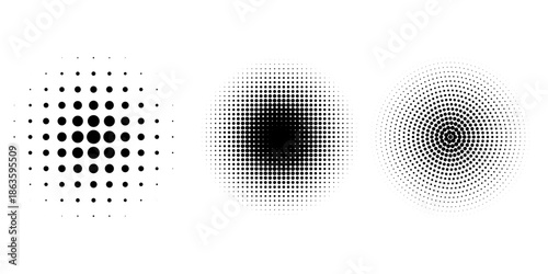 Set of halftone dots pattern texture isolated on white background. Dotted spots using halftone circle dot raster texture collection. Vector half tone collection.